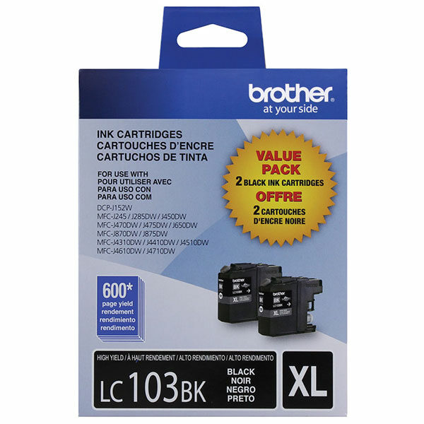 Brother High Yield Black Ink Cartridge Dual Pack (2 Pack of OEM# LC103BK) (2 x 600 Yield)