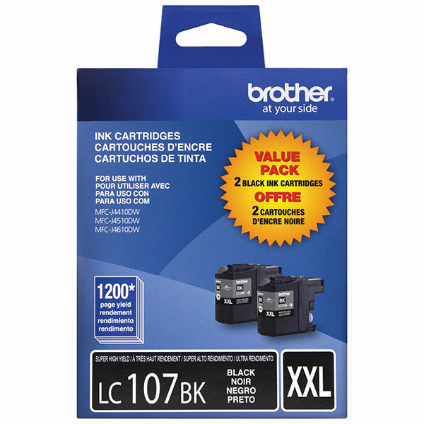 Brother Super High Yield Black Ink Cartridge Dual Pack (2 Pack of OEM# LC107BK) (2 x 1200 Yield)