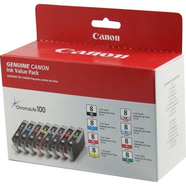 Canon (CLI-8) BK/C/M/Y/PC/PM/R/G Color Ink Combo Pack (Includes 1 Each of OEM# 0620B002 0621B002 0622B002 0623B002 0624B002 0625B002 0626B002 0627B002)