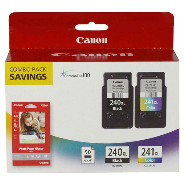 Canon (PG-240XL/CL-241XL) High Yield Black and Color Ink Combo Pack (Includes 1 Each of OEM# 5206B001 5208B001 50 Sheets Photo Paper) (300 Yield Black 400 Yield Color)