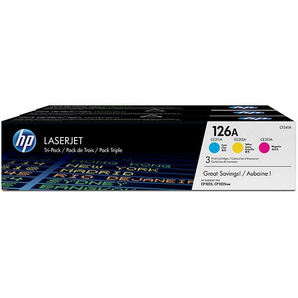 HP 126A (CF341A) Cyan/Magenta/Yellow 3-pack Original LaserJet Toner Cartridges (3 x 1000 Yield)